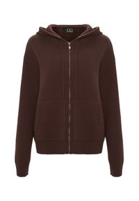 Sudadera con cremallera marrón hecha de material de punto texturizado, con capucha, puños acanalados y dos bolsillos frontales. Presenta una etiqueta de marca sutil en el interior.