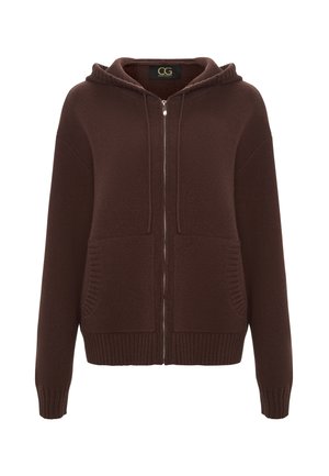 Felpa con zip marrone realizzata in materiale a maglia testurizzata, con cappuccio, polsini a coste e due tasche frontali. Presenta un'etichetta del marchio discreta all'interno.