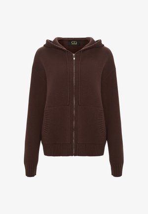 Haut à capuche zippé marron fabriqué en maille texturée avec une capuche, des poignets côtelés et deux poches avant. Présente une étiquette de marque discrète à l'intérieur.