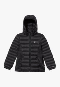 Black puffer jacket with a hood, zip front, and two side pockets. Features quilted texture and logo on the left chest. Slim fit design.