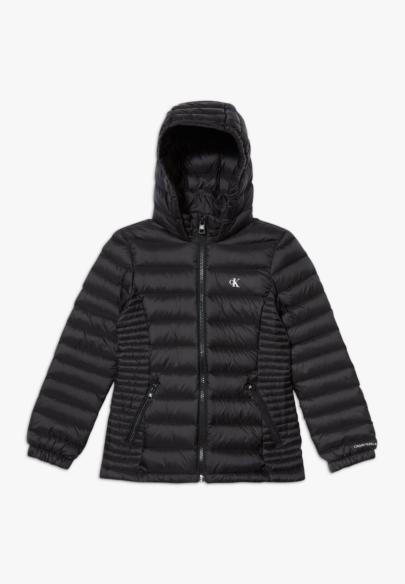 Black puffer jacket with a hood, zip front, and two side pockets. Features quilted texture and logo on the left chest. Slim fit design.