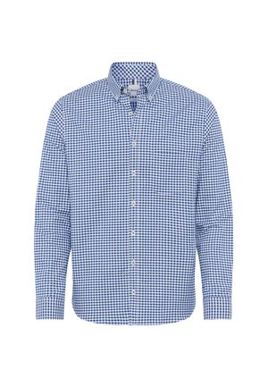 Chemise à manches longues à carreaux bleu et blanc avec col boutonné et poche. Tissu en coton avec une finition lisse et texturée.