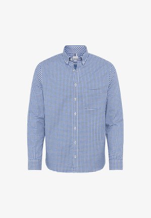 Langärmliges Hemd mit blau-weißem Gingham-Muster, Button-Down-Kragen und Tasche. Aus Baumwollmaterial mit einer glatten, strukturierten Oberfläche.