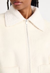 Veste de couleur crème avec un col en fourrure, dotée d'une fermeture éclair et de deux poches avant. Texture douce et design minimaliste.