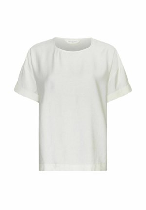 Biała bawełniana koszulka z krótkim rękawem i okrągłym dekoltem, z podwiniętymi mankietami na rękawach, prezentowana na jednolitym białym tle.