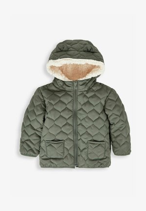 Gesteppten olivgrünen Pufferjacke mit einem tanfarbenen, flauschigen Innenfutter, Reißverschluss vorne und zwei aufgesetzten Taschen. Mit Kapuze, die Bärenohren hat, und weicher Textur.