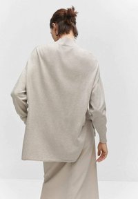 Pull en maille beige clair avec un col haut, des épaules tombantes et une coupe ample ; texture lisse et détail d'ourlet arrière plus long.