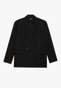 Black blazer made of smooth fabric, featuring a double-breasted design, notch lapels, two front pockets, and a single chest pocket.