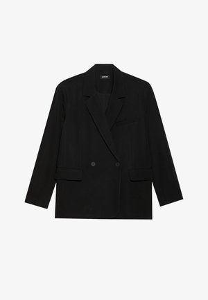 Sort blazer lavet af glat stof, med dobbeltradet design, spidse klapper, to frontlommer og en enkelt brystlomme.
