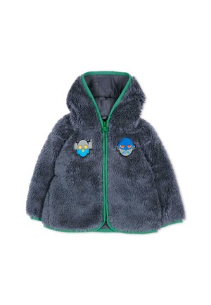 Giacca grigia soffice con cappuccio, bordo verde, zip frontale e due patch colorati con volti di robot sul petto.
