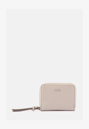 Compact beige leather wallet with zipper closure and wrist strap, featuring embossed "Freds Bruder" logo on front.