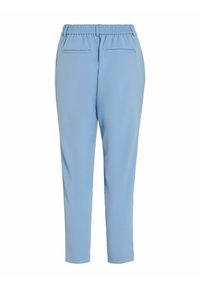 Pantalons bleu clair, fuselés, avec une taille élastique, deux poches arrière et une texture lisse. Conçus pour le confort et un style décontracté.