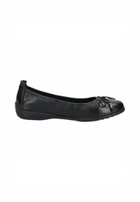 Ballerine femme en cuir noir avec bout rond, petit talon et nœud décoratif avec embouts métalliques à l'avant.