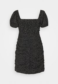 Černé krátké šaty s bílými puntíky, nařasená sukně, krátké vypufované rukávy a čtvercový výstřih.