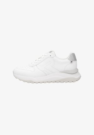 White athletic sneakers with a smooth leather upper, perforated toe design, grey heel accents, and a textured rubber outsole.