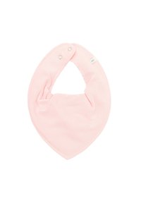 Mjuk rosa babybandana-bib med tryckknappsstängning och en liten vit tygetikett mot en vit bakgrund.
