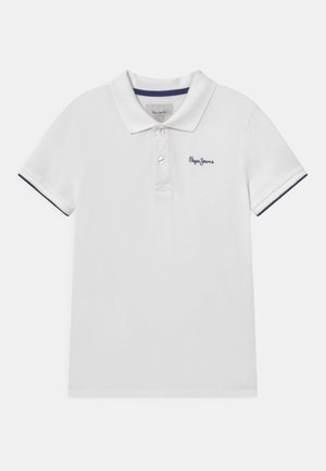 Weißes Poloshirt mit kurzen Ärmeln, zwei Knöpfen, navyblauem Saum an den Ärmeln und besticktem "Pepe Jeans" Logo auf der linken Brust.