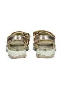 Bronzefarbene metallische Sandalen mit Klettverschlüssen, gepolstertem Fußbett und weißer Gummisohle. Die strukturierte Oberseite sorgt für visuelle Attraktivität und Langlebigkeit.