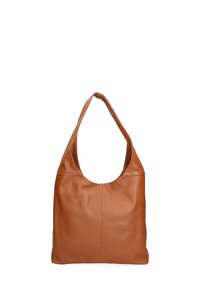 Borsa a tracolla in pelle marrone con una sola tracolla, superficie liscia, apertura ovale e design minimalista. Presenta una finitura morbida e leggermente texture.