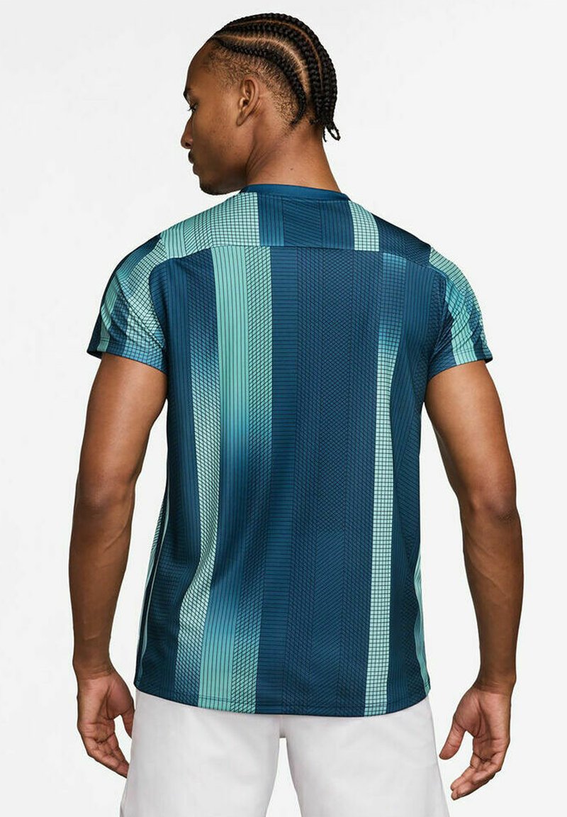 Men's short-sleeve activewear shirt in dark blue with teal vertical stripes. Features a geometric pattern and a round neckline.