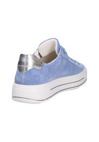 Blue suede sneaker with a white rubber sole. Features a metallic silver accent on the heel and laces. Rounded toe design.