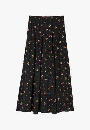 Fekete virágos szoknya apró, sokszínű virágmintákkal, gombos záródással és egészében ráncolt, légies kialakítással.