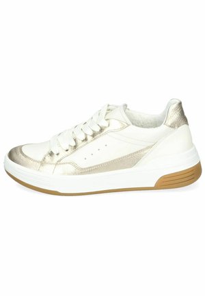 Weiße Sneaker mit metallischen goldenen Akzenten, runder Zehenpartie, flacher Gummisohle und strukturierten Details an den Seiten. Mit Schnürverschluss.