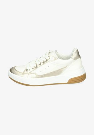 White sneaker with metallic gold accents, round toe, flat rubber sole, and textured detailing on the sides. Lace-up closure.