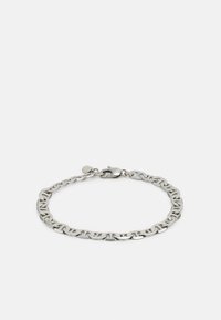 Bracciale in argento con maglie intrecciate, finitura lucida e chiusura a moschettone sicura. Design semplice e moderno.