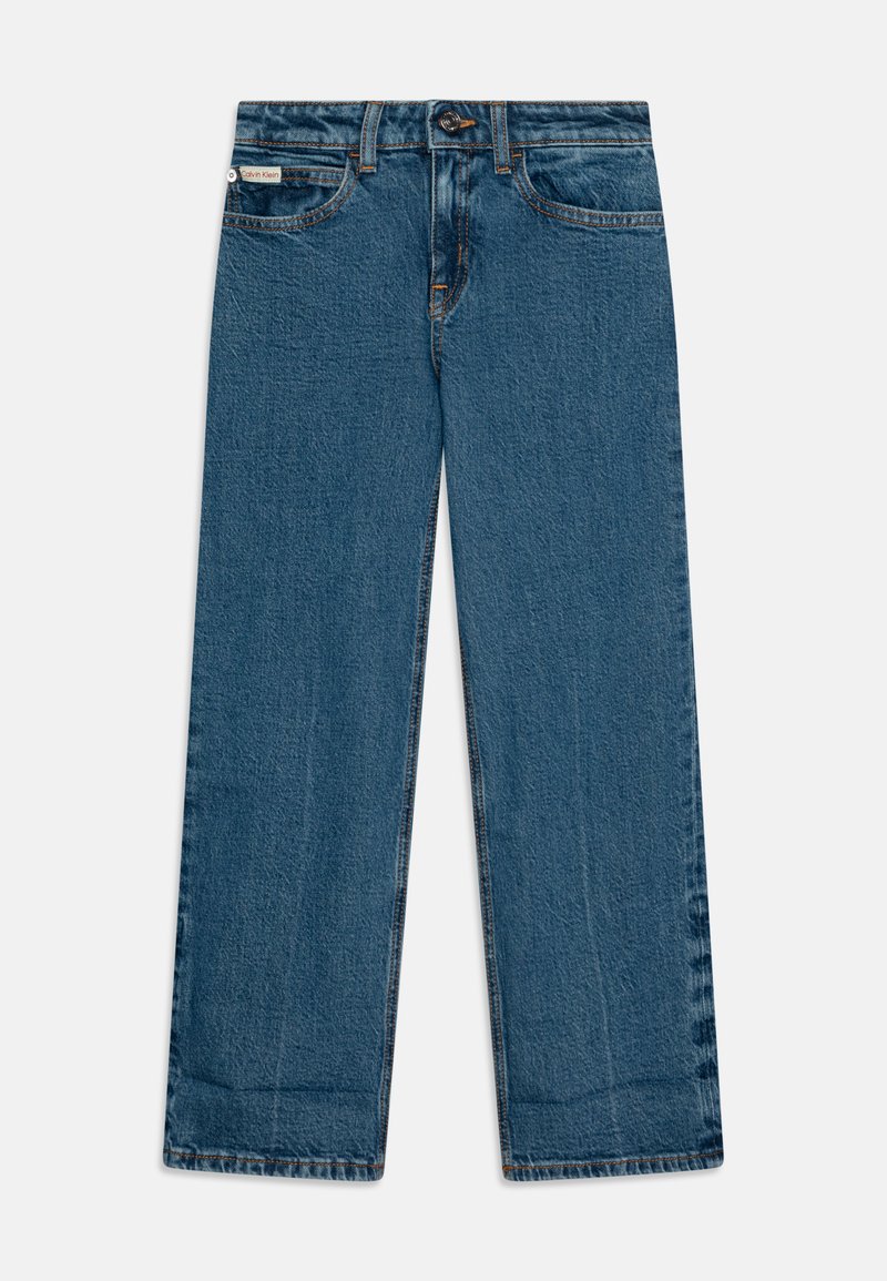 Modre denim hlače s ravnim krojem. Značilnosti vključujejo pet žepov, zanke za pas ter gumbasto zapiranje z kontrastnim šivanjem.