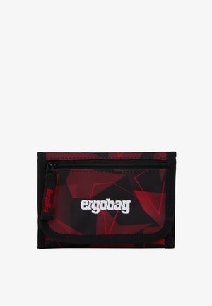 Folded black and dark red geometric-patterned wallet with a zipper pocket and "ergobag" embroidered in white on the front.