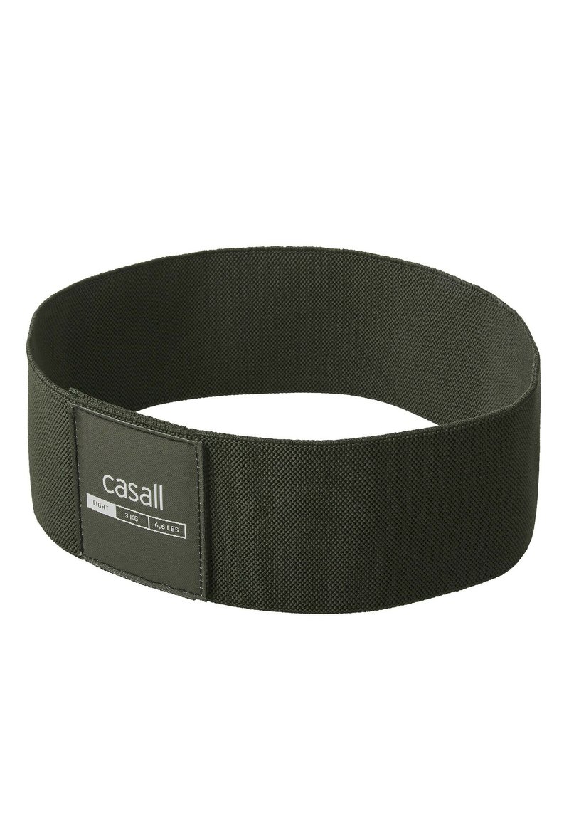 Banda di resistenza in tessuto nero con superficie testurizzata. Presenta un'etichetta con la scritta "casall" e dettagli sul peso su un lato. Forma circolare.