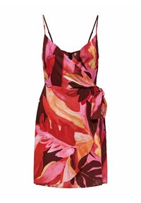 Abito floreale rosso e rosa con spalline sottili regolabili, design avvolgente, dettaglio con nodo laterale e una texture di tessuto leggero.