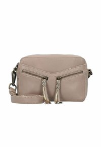 Borsa a tracolla in pelle grigia chiara con due tasche anteriori con zip, dettagli decorativi in treccia e tracolla regolabile. Superficie texturizzata.
