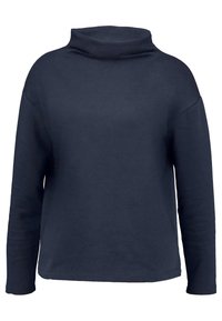 Top a maniche lunghe blu navy con un collo alto ripiegato e una vestibilità ampia. Realizzato in tessuto morbido con spalle senza cuciture e orlo dritto.