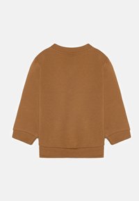 Sudadera marrón, tejido suave, corte relajado, cuello redondo, mangas largas con puños acanalados, parte trasera sin costuras, diseño minimalista, sin patrones.