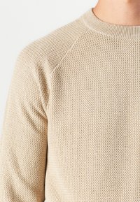 Maglione lavorato a maglia beige con un motivo a texture, che presenta un colletto a girocollo a costine e maniche raglan, indossato sulla parte superiore del corpo di una persona.