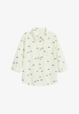 Hellcremefarbener, knöpfbarer Hemd mit Kragen, verziert mit einem Muster aus kleinen blauen Autos. Texturiertes Gewebe mit Brusttasche und hochgekrempelten Ärmeln.