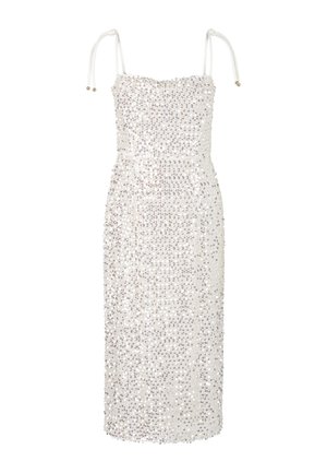 Weißes Midikleid, bedeckt mit silbernen Pailletten, mit tailliertem Oberteil, verstellbaren Trägern und gerader Silhouette.