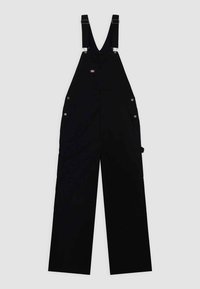 Salopette noire avec des jambes larges, des bretelles réglables, une poche avant et des éléments en métal. Fabriquée en tissu durable avec une texture lisse.