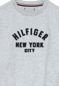 Felpa grigia con testo ricamato nero "HILFIGER NEW YORK CITY." Presenta un colletto a girocollo e una tonalità interna a contrasto con righe rosse e blu navy.