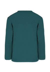 Pitkähihainen t-paita teal-kankaasta, pyöreällä pääntiellä, rentoa istuvuutta ja suoraa helmaa, ilman näkyviä kuvioita tai koristeluja.