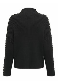 Maglione nero a coste con un alto collo e un bordo bianco a contrasto lungo le cuciture laterali. Silhouette ampia con maniche lunghe.