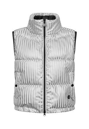 Zilveren puffer vest met een hoge kraag, horizontale stiksels, ritssluiting aan de voorkant en twee zijzakken. Glad, glanzend materiaal met subtiele patronen.