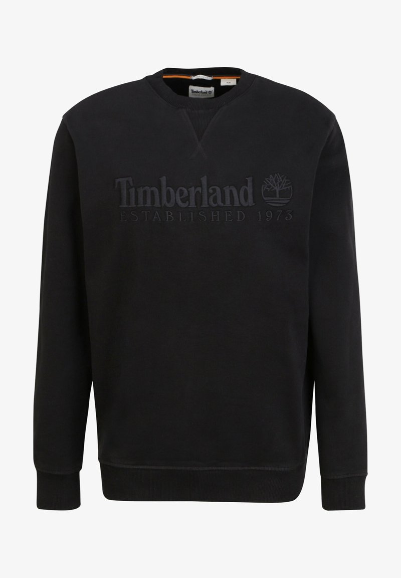 Sweat-shirt noir Timberland à col rond, manches longues et logo embossé indiquant Timberland Established 1973 sur le devant.