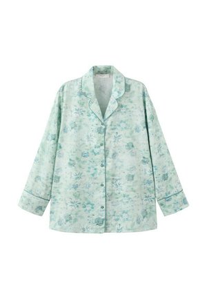 Camisa de pijama verde claro con botones, mangas largas y un sutil estampado floral.