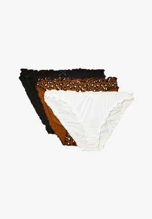 Lot de trois culottes pour femmes avec des bords à volants. Couleurs : noir, blanc et imprimé léopard marron avec des accents. Tissu doux.