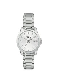 Sølv rustfrit stål ur med en rund urskive, der har en børstet sølv skive, tolv krystal time markører og et datovindue.