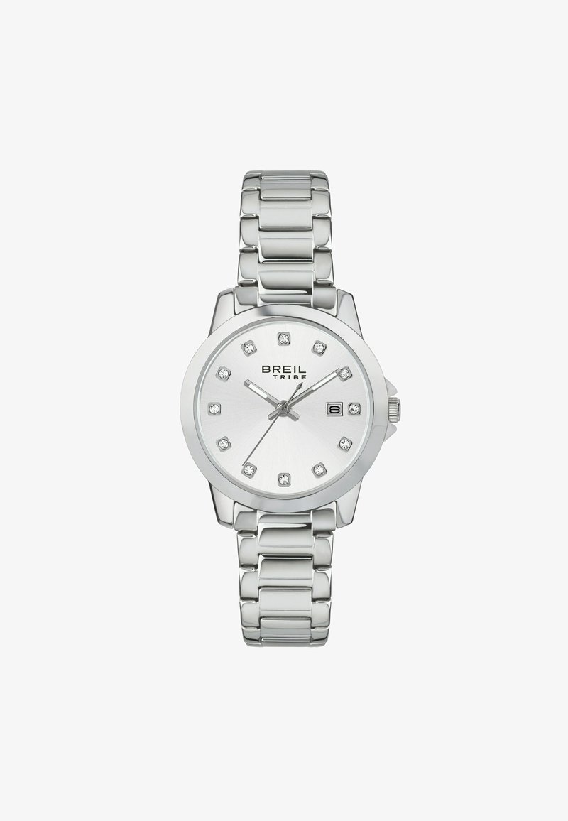 Sølv rustfrit stål ur med en rund urskive, der har en børstet sølv skive, tolv krystal time markører og et datovindue.