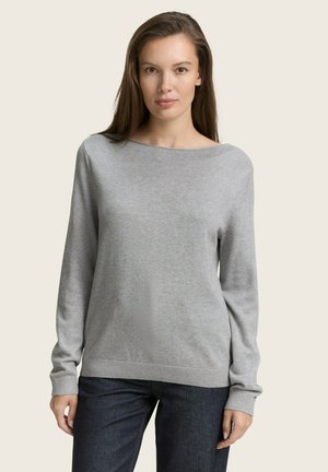 Grijze lange mouw sweater met een wijde halslijn en geribbelde manchetten, gemaakt van zachte stof. Draag het met donkerblauwe jeans, minimalistisch ontwerp.